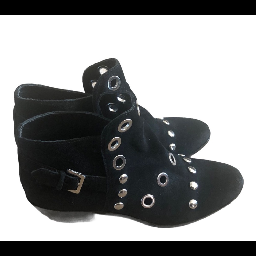 Sam Edelman Edgy Pedra Gromet Black Moto Bootie Suede Silver Detail Sz. 6 Biker - Picture 3 of 8